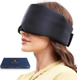 Real Silk Sleep Mask, 100% Blackout Eye Mask, Adjustable Sleeping Mask for Side Sleeper, Cooling Blindfold for Men Women, for Night Shift, Wide Velcro, Soft Eye Patch for Travel Nap (Black)