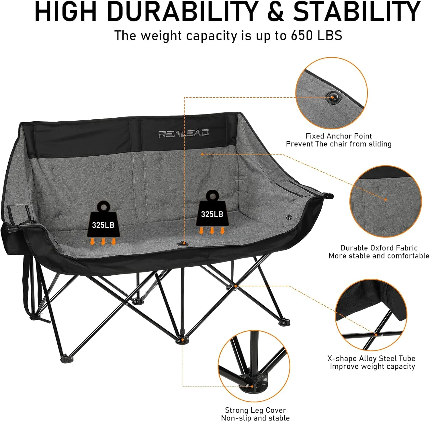 REALEAD Double Camping Chair - Oversized Camping Loveseat for Adults Two Person Support 650 lbs - Heavy Duty Folding Camp Chair with Cooler Bags for Outdoor Sports Beach