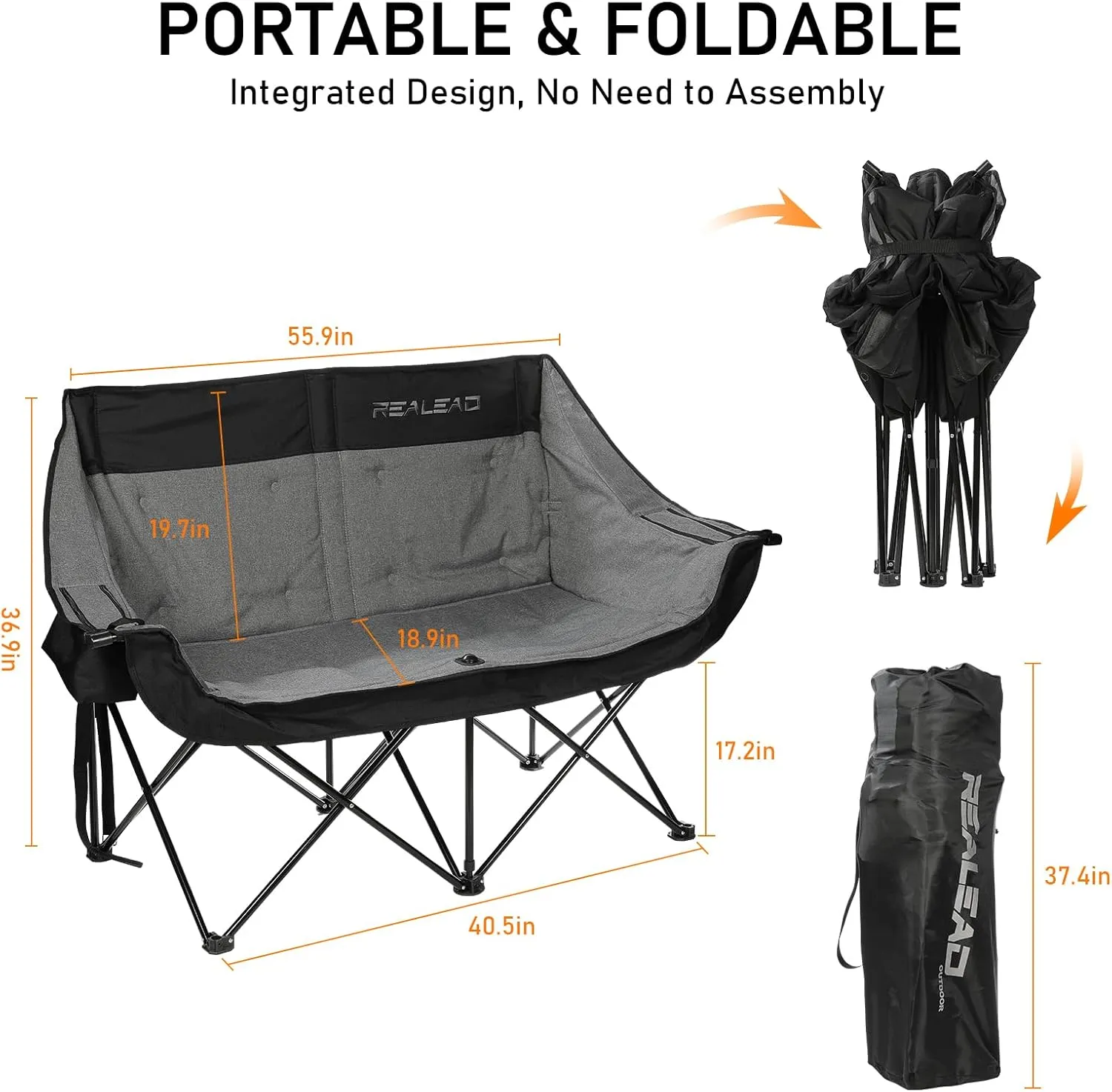 REALEAD Double Camping Chair - Oversized Camping Loveseat for Adults Two Person Support 650 lbs - Heavy Duty Folding Camp Chair with Cooler Bags for Outdoor Sports Beach