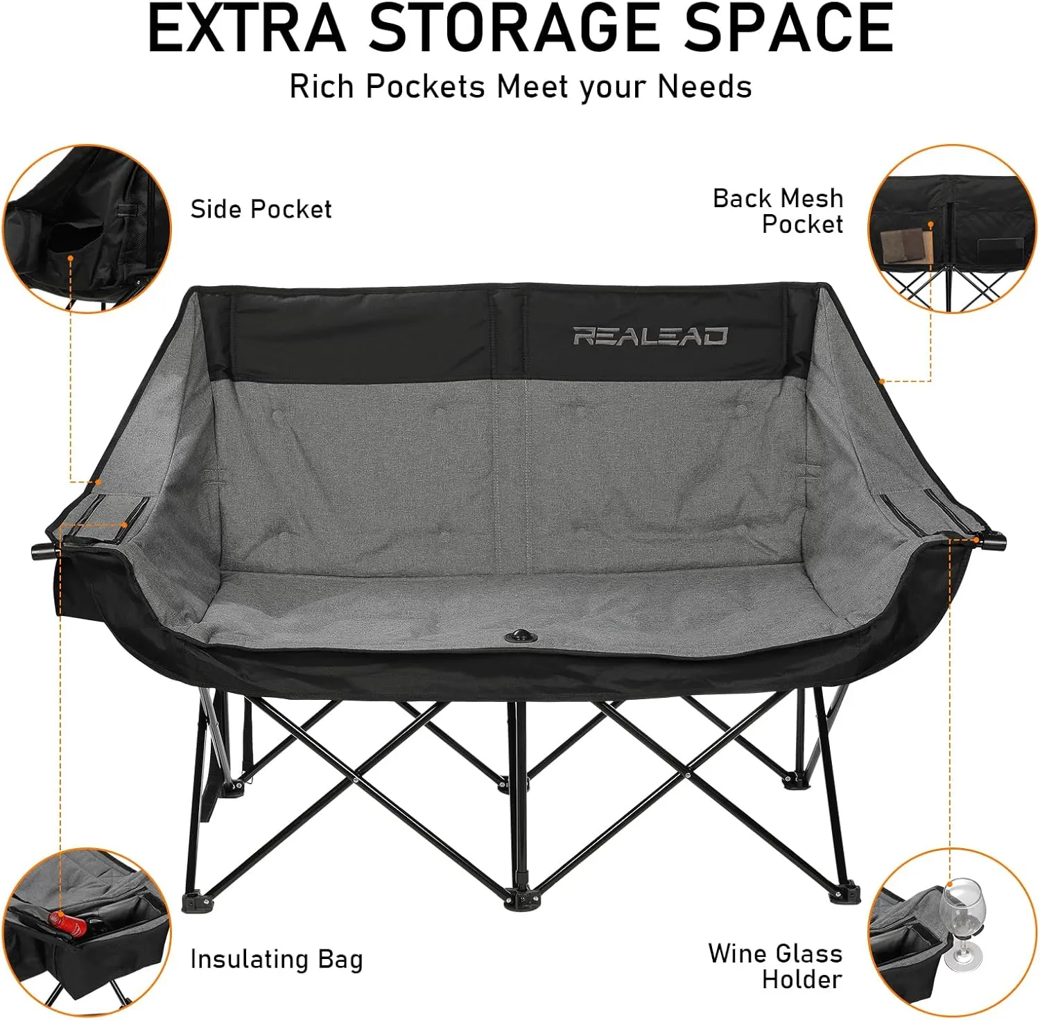 REALEAD Double Camping Chair - Oversized Camping Loveseat for Adults Two Person Support 650 lbs - Heavy Duty Folding Camp Chair with Cooler Bags for Outdoor Sports Beach