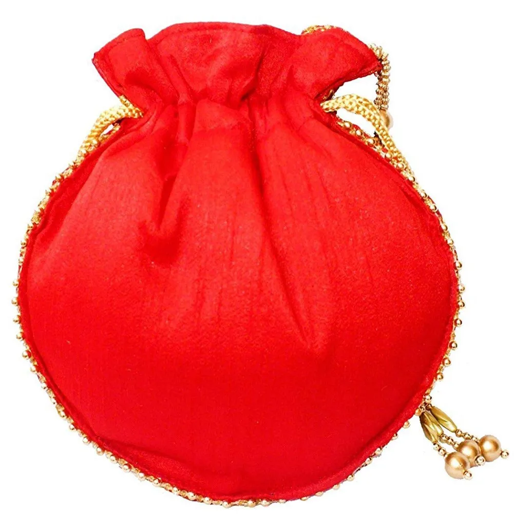 Red Embroidered Silk Ethnic Potli Bag