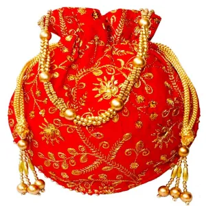 Red Embroidered Silk Ethnic Potli Bag