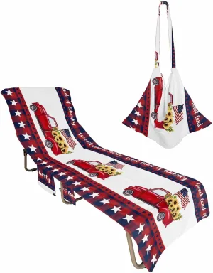 Red Truck Independence Truck with Sunflower Chaise Lounger Cover with Pockets, Lounge Chair Covers 85"x29", Sweet Land of Liberty Buffalo Checker Lace Microfiber Beach Chair Cover for Patio