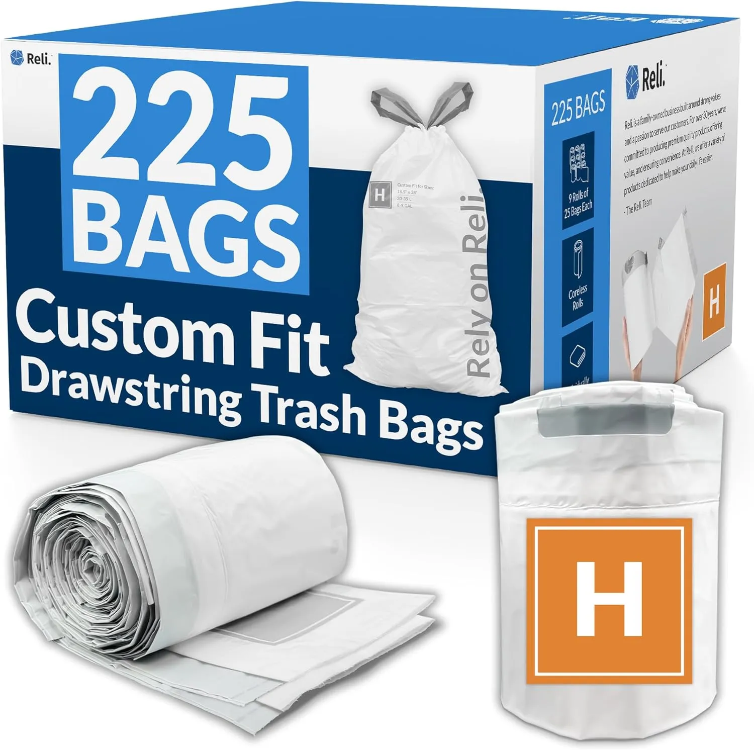 Reli. Custom Fit H Trash Bags (225 Count) Fits Simplehuman Code H Bags 30-35 L, 8-9 Gal | Drawstring Trashbag | White 8 Gallon Trashbags Drawstring | 18.5x28" (9 Rolls) 1.2 Mil