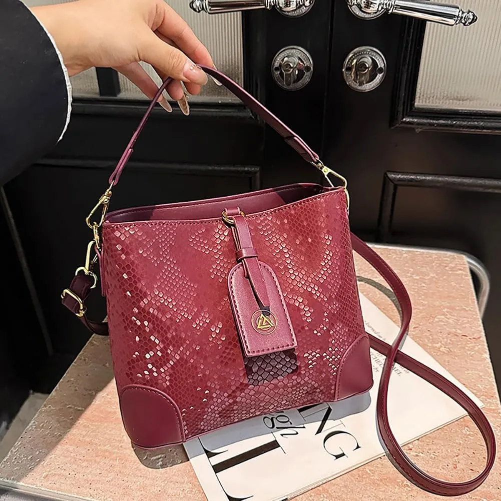 Retro Fashion Snake Print Bucket Bag, Leather Snakeskin Pattern Satchel Handbag, Luxury Shoulder Crossbody Purse