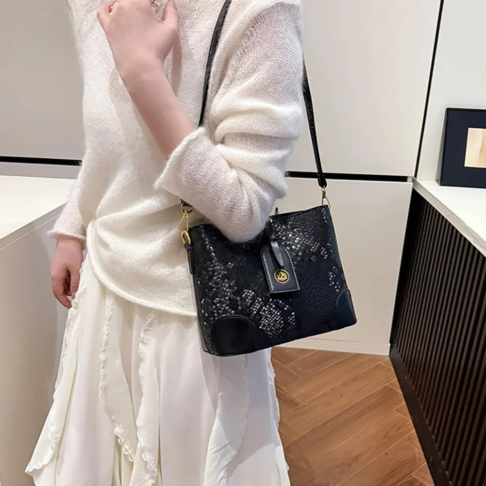 Retro Fashion Snake Print Bucket Bag, Leather Snakeskin Pattern Satchel Handbag, Luxury Shoulder Crossbody Purse