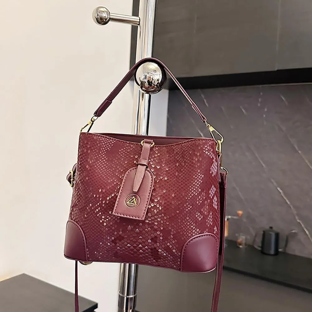 Retro Fashion Snake Print Bucket Bag, Leather Snakeskin Pattern Satchel Handbag, Luxury Shoulder Crossbody Purse