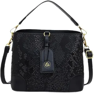 Retro Fashion Snake Print Bucket Bag, Leather Snakeskin Pattern Satchel Handbag, Luxury Shoulder Crossbody Purse