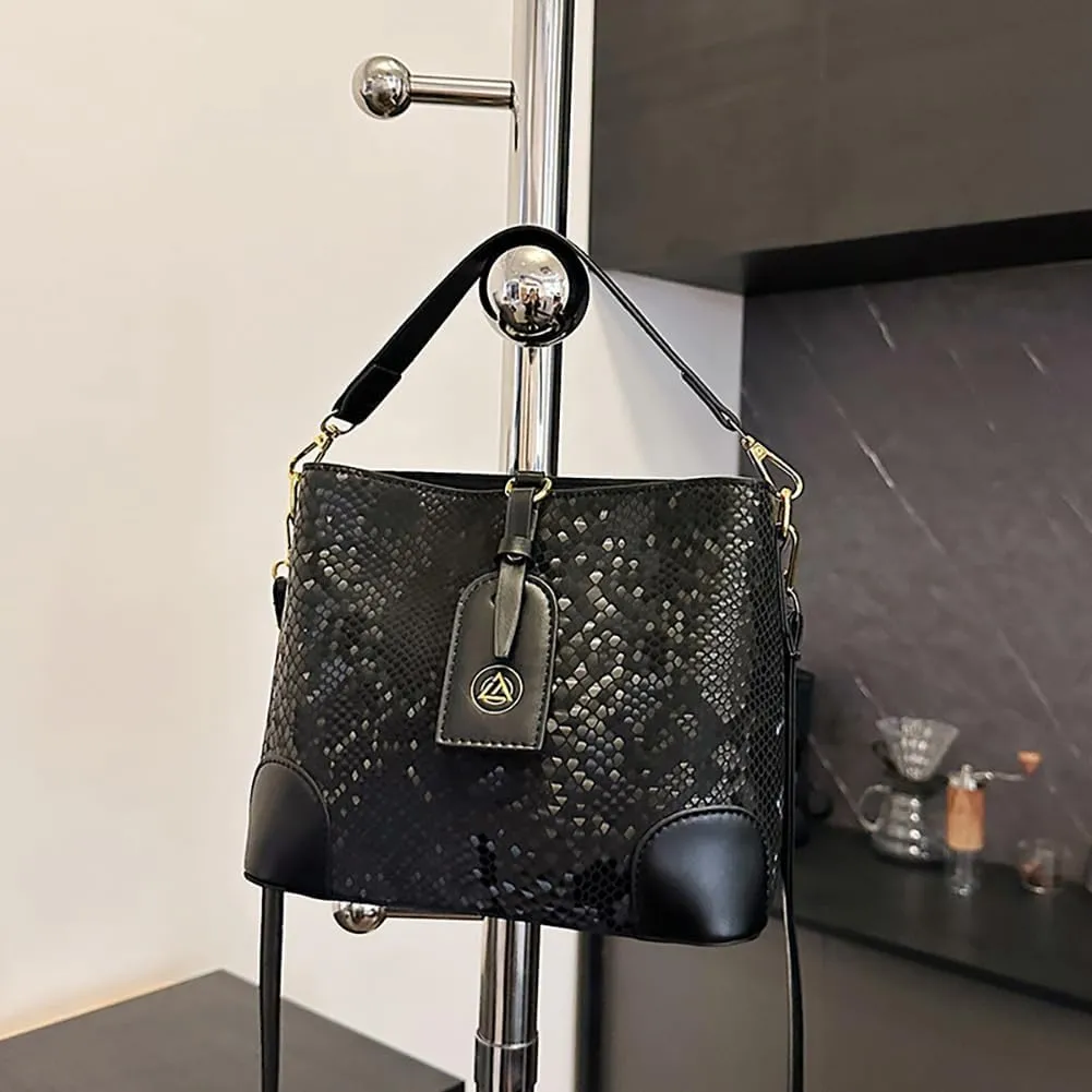 Retro Fashion Snake Print Bucket Bag, Leather Snakeskin Pattern Satchel Handbag, Luxury Shoulder Crossbody Purse