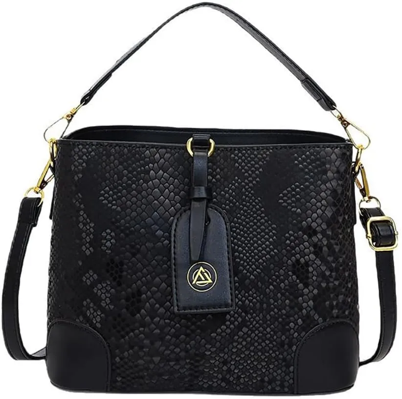 Retro Fashion Snake Print Bucket Bag, Leather Snakeskin Pattern Satchel Handbag, Luxury Shoulder Crossbody Purse