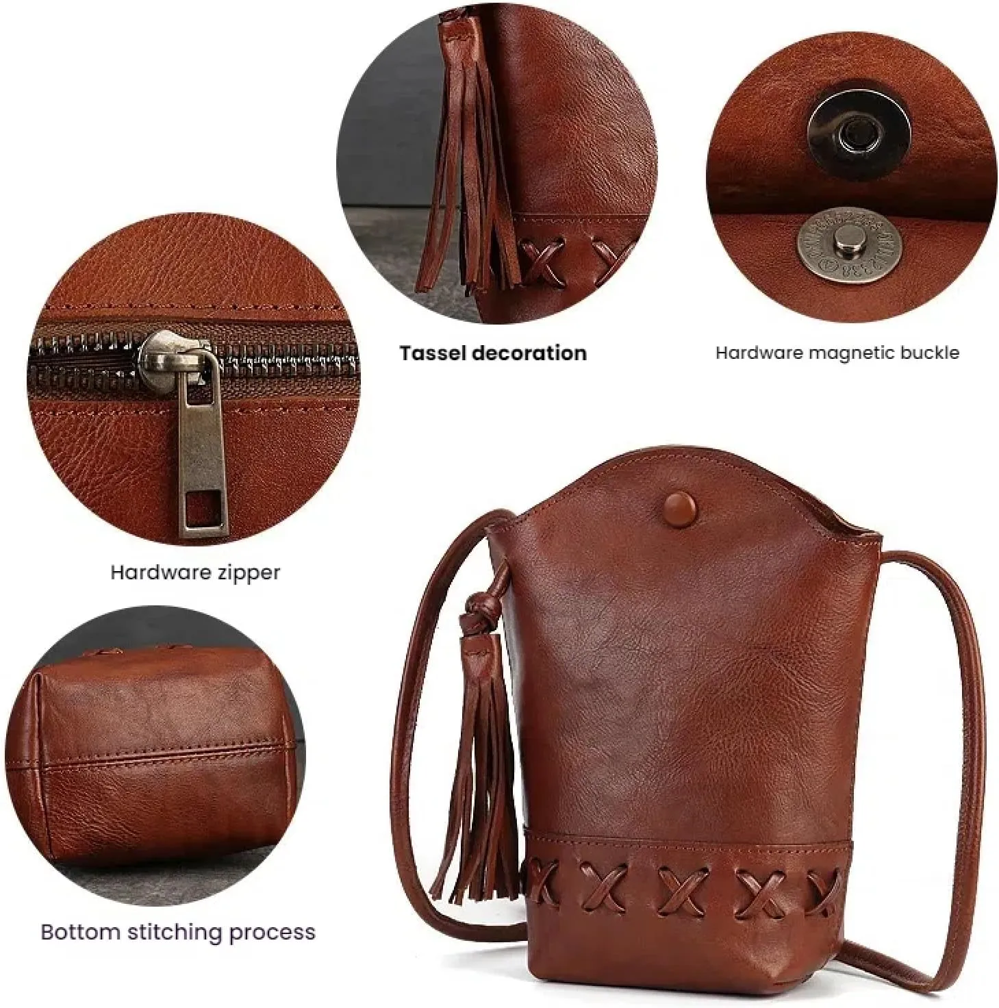 Retro First Layer Cowhide Braided Mobile Phone Mini Crossbody Shoulder Casual Tassel Bucket Women's Bag