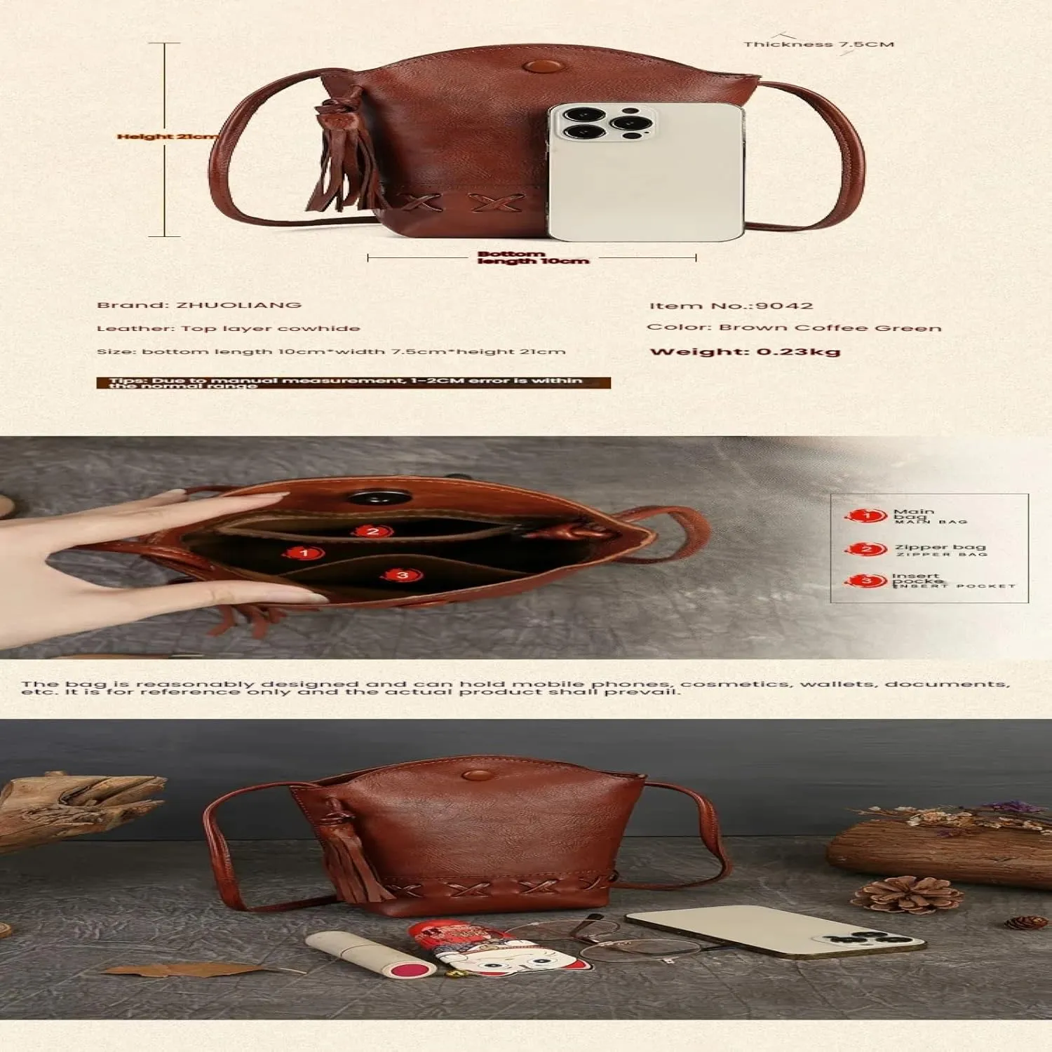 Retro First Layer Cowhide Braided Mobile Phone Mini Crossbody Shoulder Casual Tassel Bucket Women's Bag