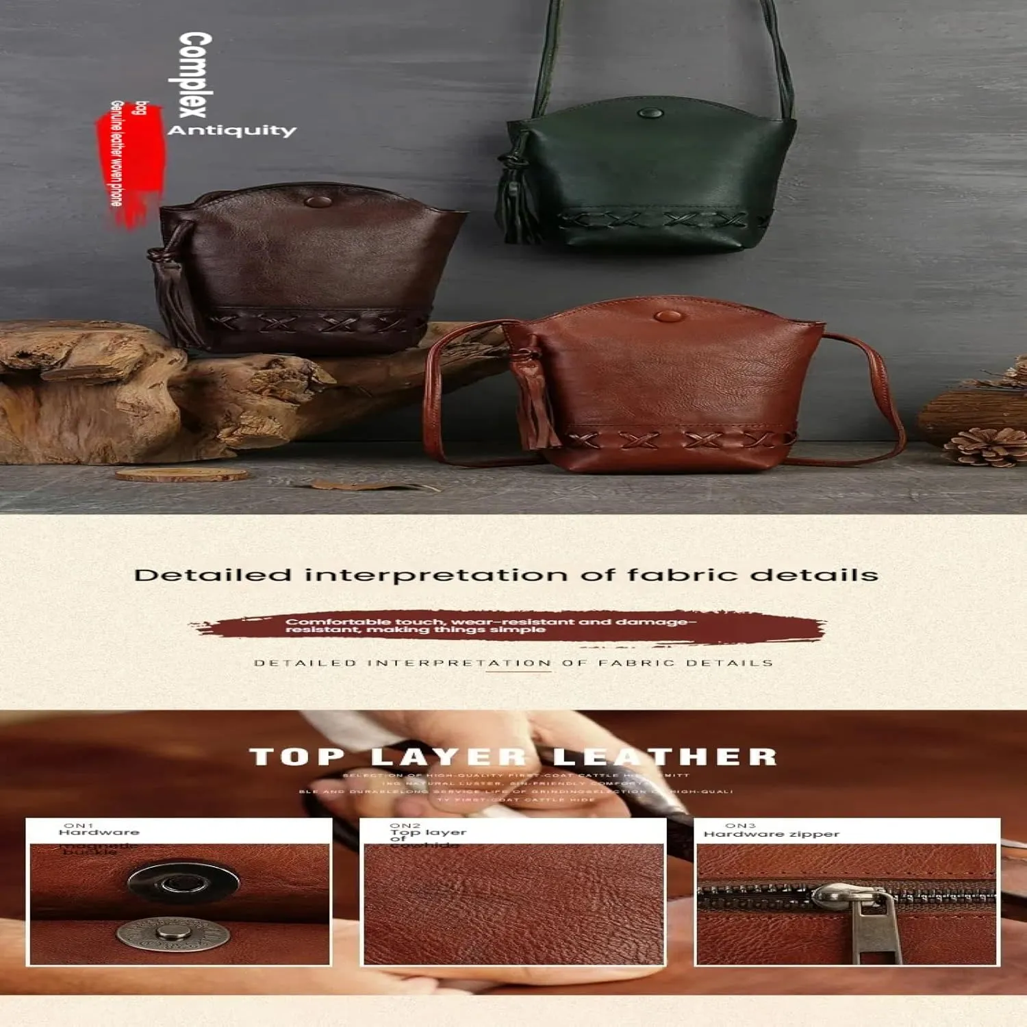 Retro First Layer Cowhide Braided Mobile Phone Mini Crossbody Shoulder Casual Tassel Bucket Women's Bag