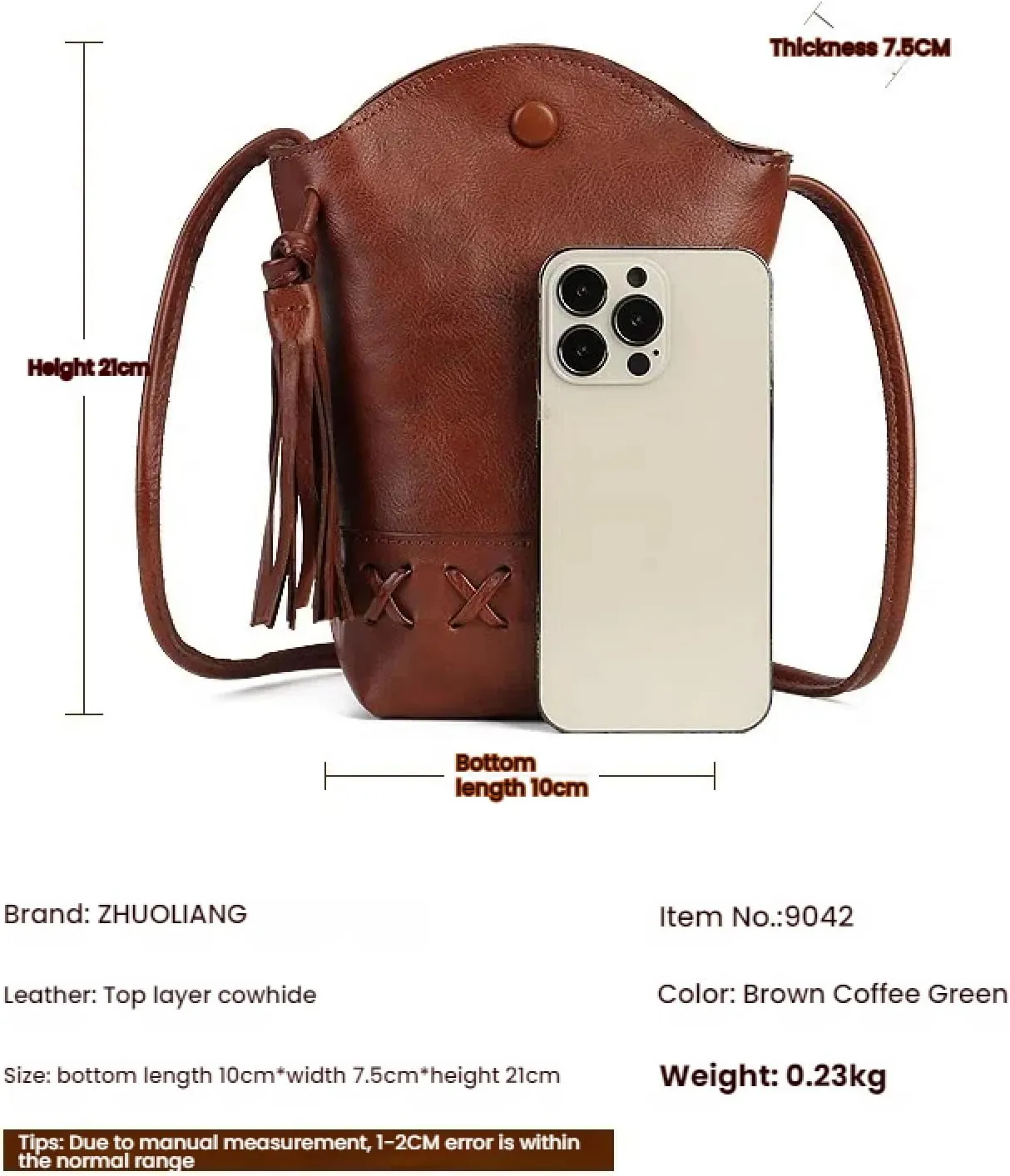 Retro First Layer Cowhide Braided Mobile Phone Mini Crossbody Shoulder Casual Tassel Bucket Women's Bag