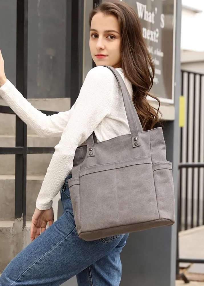 Retro Tote Bags for Women Large Canvas Shoulder Purse Casual Work Handbags Multi Pocket Top Handle Satchel
