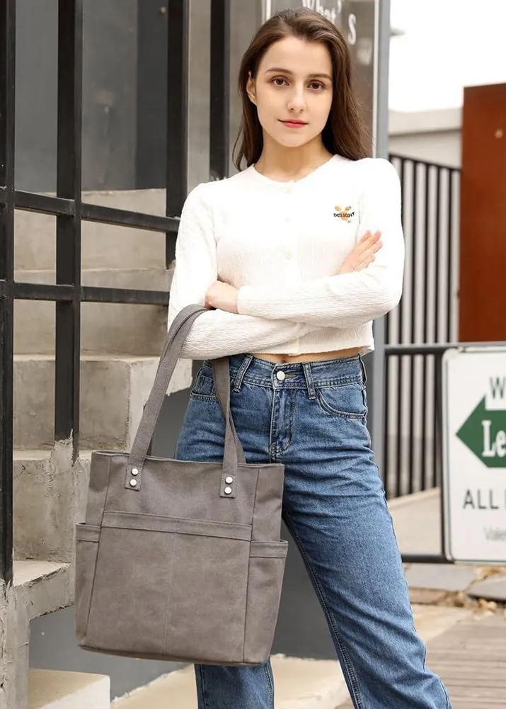 Retro Tote Bags for Women Large Canvas Shoulder Purse Casual Work Handbags Multi Pocket Top Handle Satchel