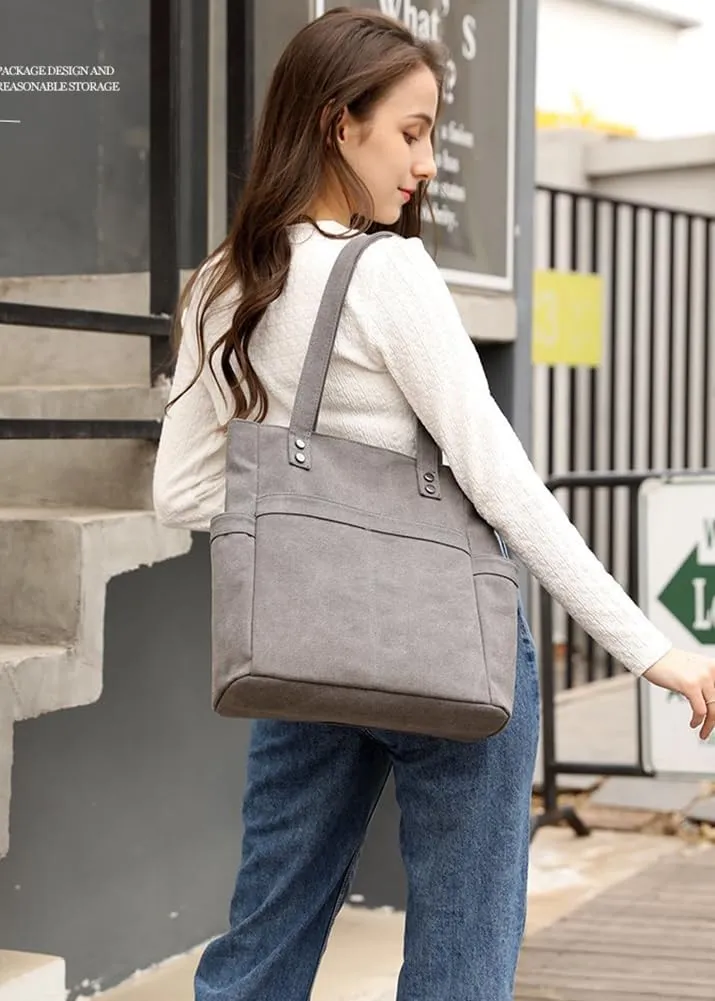 Retro Tote Bags for Women Large Canvas Shoulder Purse Casual Work Handbags Multi Pocket Top Handle Satchel