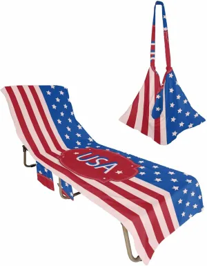 Retro USA Flag American Red Beige Stripes Chaise Lounger Cover with Pockets, Pool Lounge Chair Covers 85"x29", White Star Filling Independence Day Microfiber Beach Chair Cover for Patio