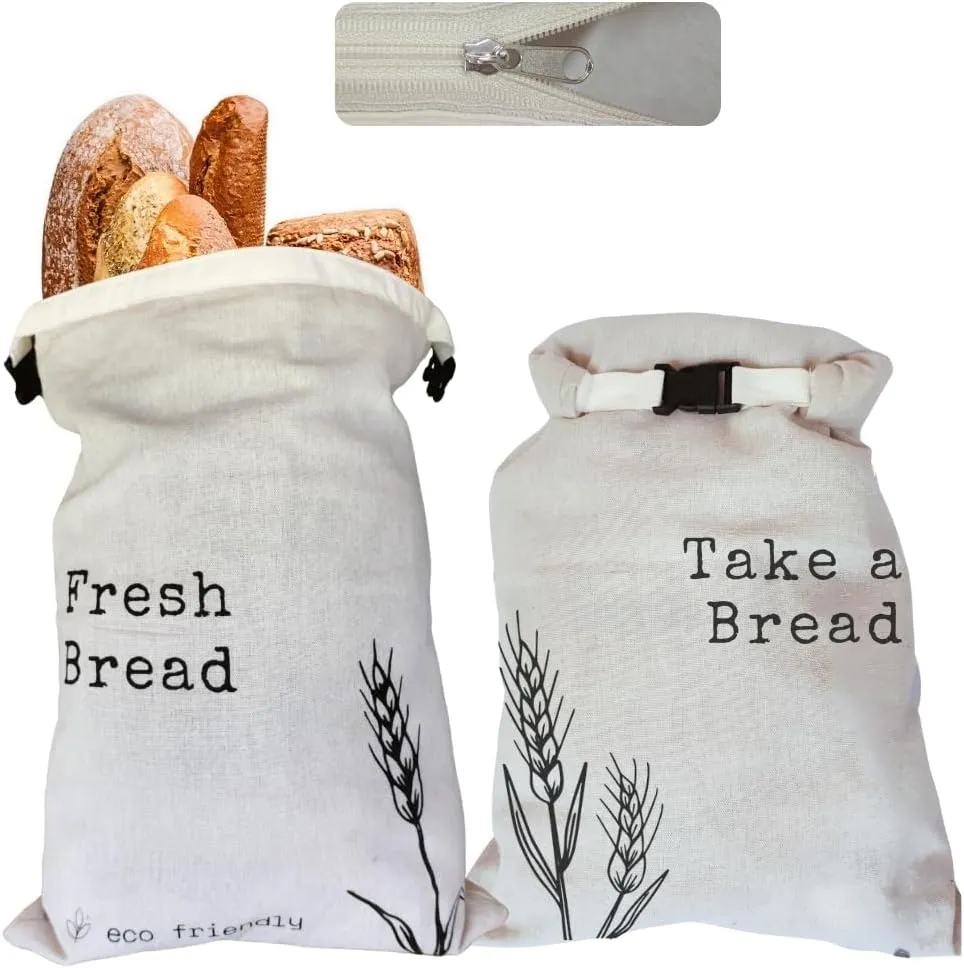Reusable Bread Bags – 2 Pack XXL Linen Bread bags for Homemade bread and Sourdough with Lining and Double Lock, Washable and Freezer Safe Storage bags – Perfect for Gifting – USA Brand