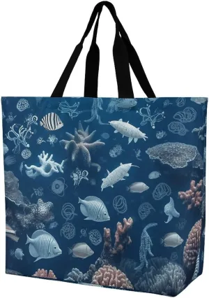 Reusable Grocery Bags Underwater Marine Life Shopping Bag Lightweight Shoulder Bags Large Tote Bag for Travel Work Handbag