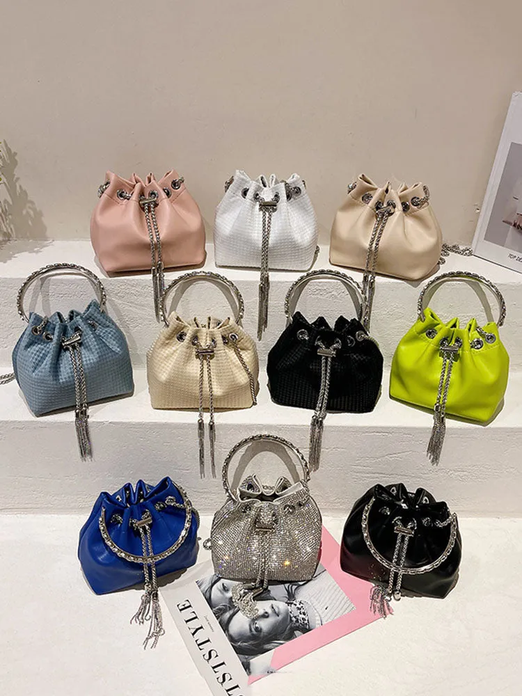 Rhinestone Decor Drawstring Bucket Bag