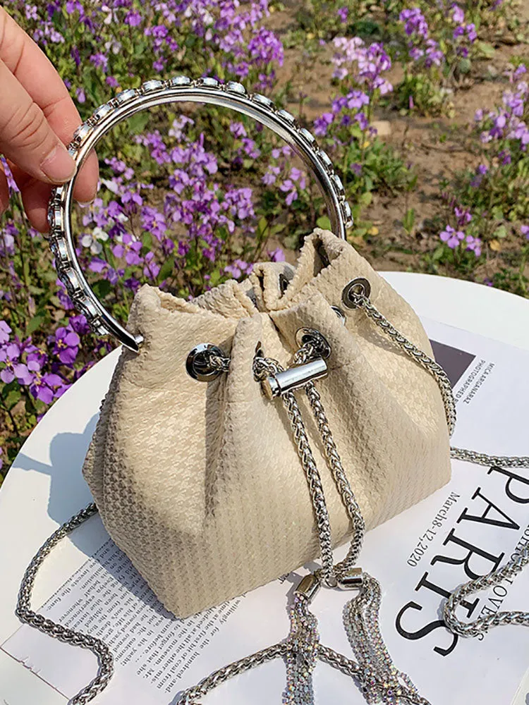 Rhinestone Decor Drawstring Bucket Bag