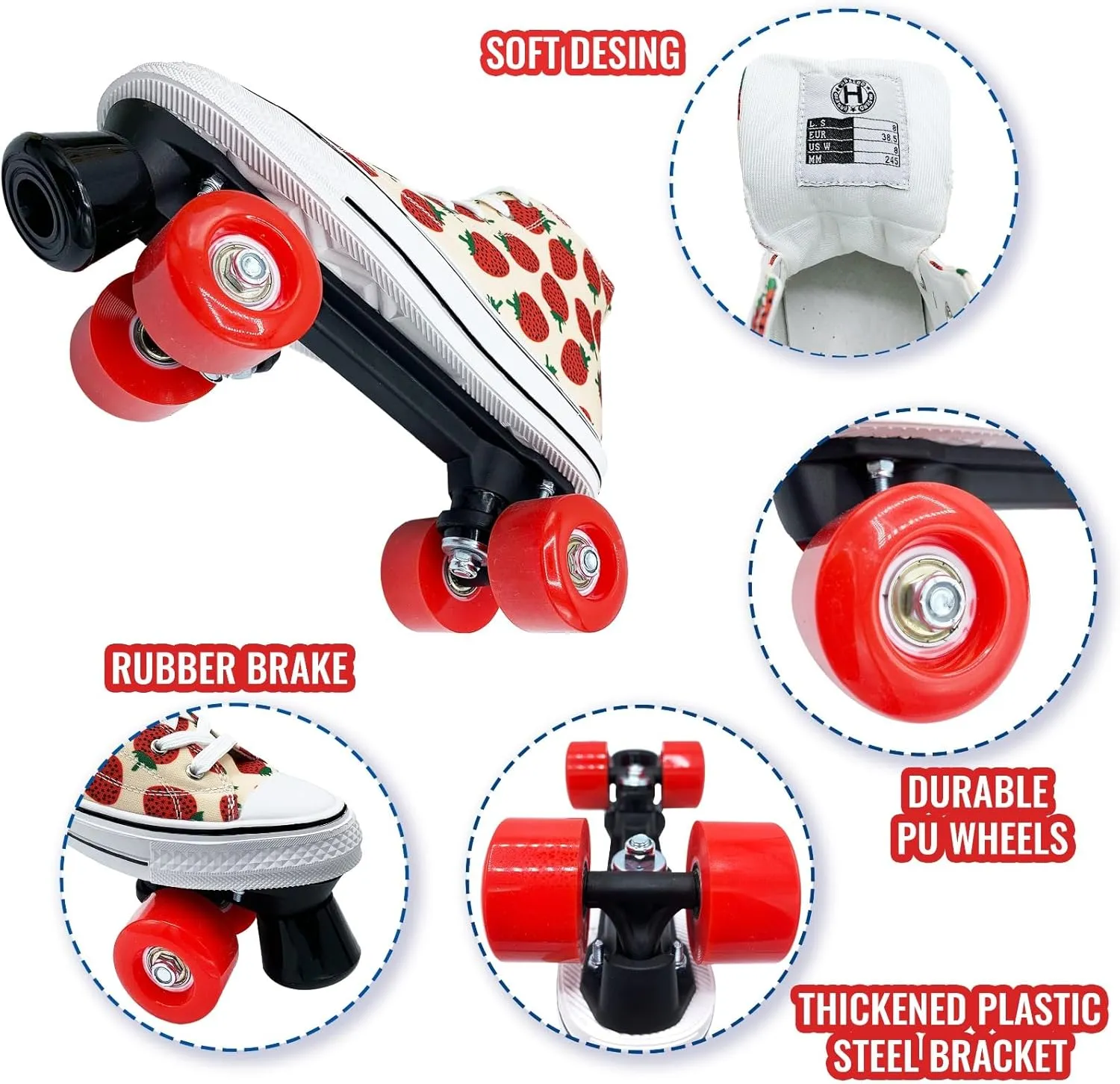 Roller Skates for Women with Bags- Adjustable Double Row Canvas Roller Skates for Girls Strawberry and Pineapple Themed Design- Quad Wheel High Top Canvas Sneaker Style