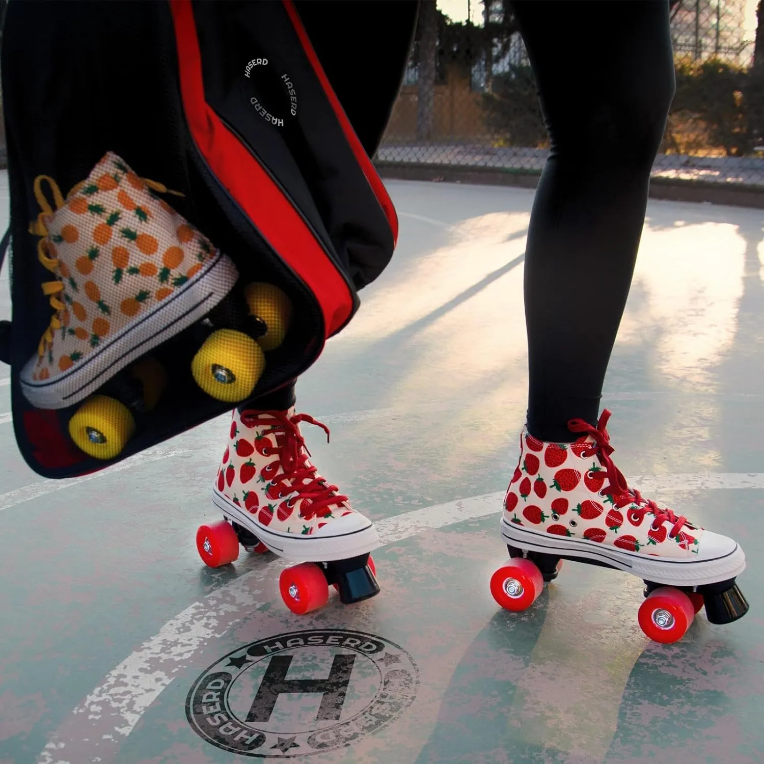 Roller Skates for Women with Bags- Adjustable Double Row Canvas Roller Skates for Girls Strawberry and Pineapple Themed Design- Quad Wheel High Top Canvas Sneaker Style