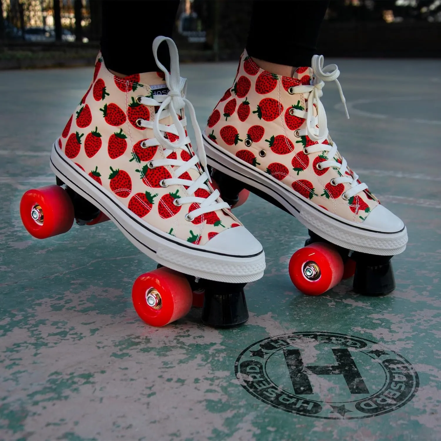 Roller Skates for Women with Bags- Adjustable Double Row Canvas Roller Skates for Girls Strawberry and Pineapple Themed Design- Quad Wheel High Top Canvas Sneaker Style