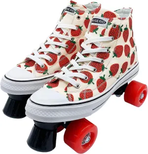 Roller Skates for Women with Bags- Adjustable Double Row Canvas Roller Skates for Girls Strawberry and Pineapple Themed Design- Quad Wheel High Top Canvas Sneaker Style