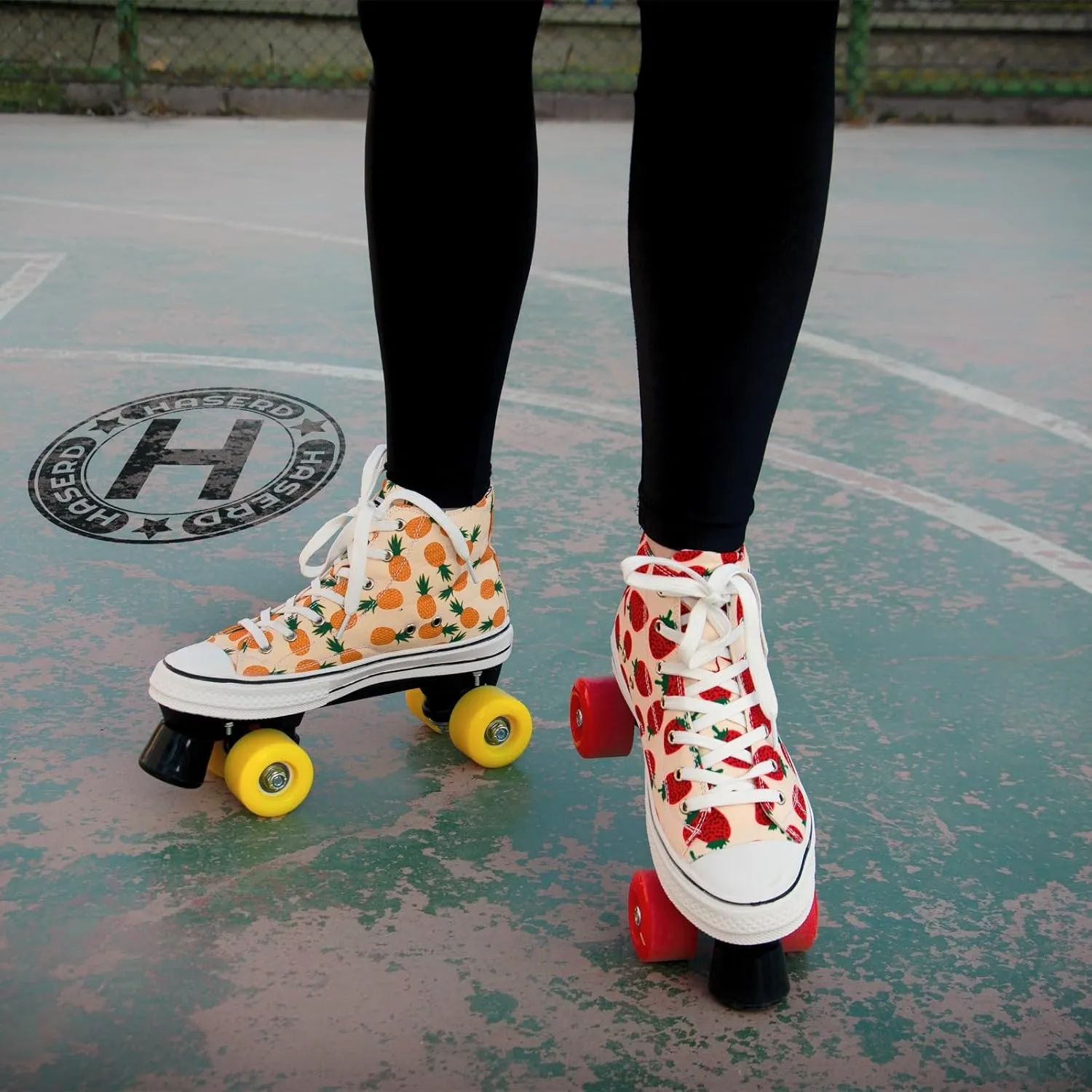 Roller Skates for Women with Bags- Adjustable Double Row Canvas Roller Skates for Girls Strawberry and Pineapple Themed Design- Quad Wheel High Top Canvas Sneaker Style