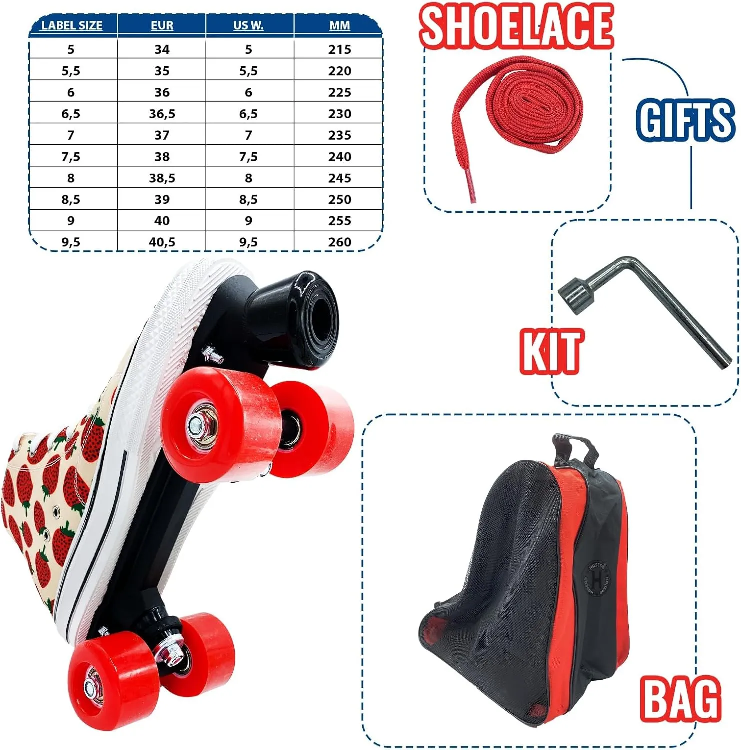 Roller Skates for Women with Bags- Adjustable Double Row Canvas Roller Skates for Girls Strawberry and Pineapple Themed Design- Quad Wheel High Top Canvas Sneaker Style