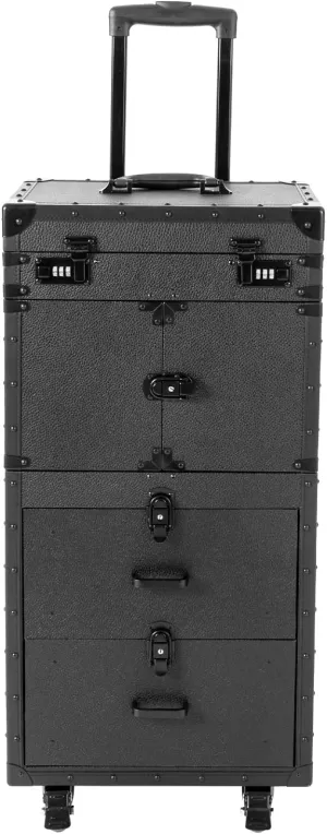 Rolling Makeup Case Cosmetology Case on Wheels Cosmetic Train Case Trolley Roll Travel Box Hair Stylist Travel Case Traveling Cart Trunk for Makeup Artist Esthetician Nail Tech (Black)