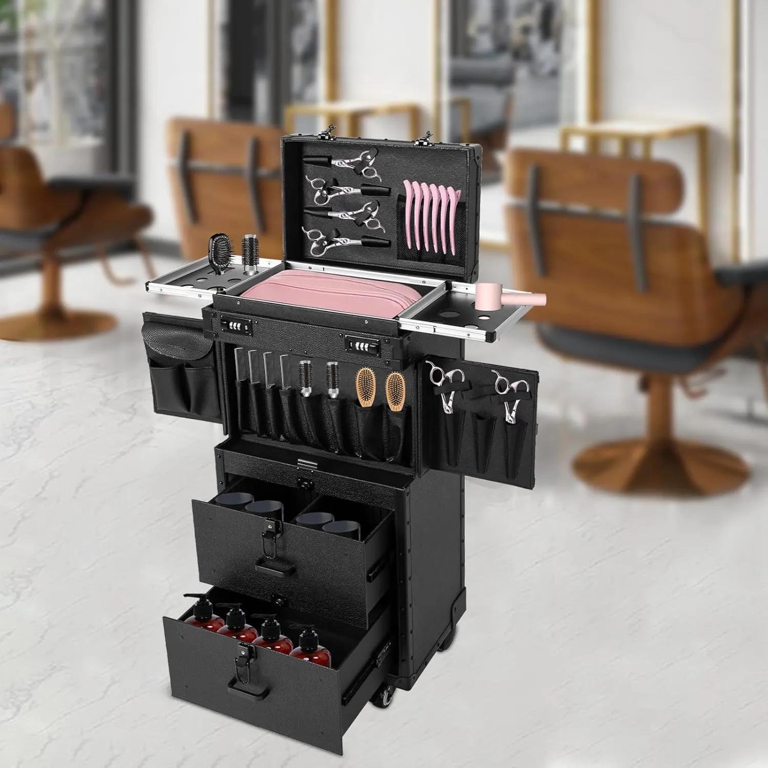 Rolling Makeup Case Cosmetology Case on Wheels Cosmetic Train Case Trolley Roll Travel Box Hair Stylist Travel Case Traveling Cart Trunk for Makeup Artist Esthetician Nail Tech (Black)