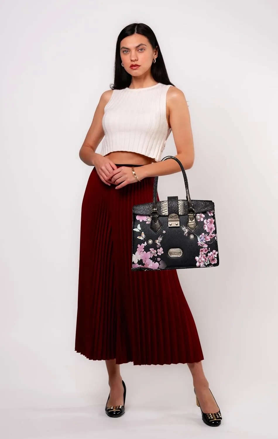 Royal Blossom Designer Satchel - Luxurious Leather Handbag with Pearl & Crystal Accents and Floral Embellishment