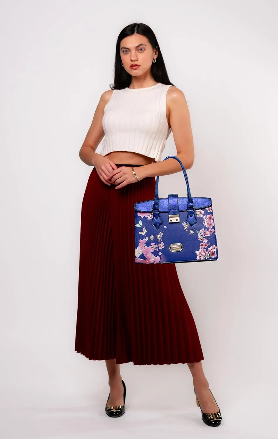 Royal Blossom Designer Satchel - Luxurious Leather Handbag with Pearl & Crystal Accents and Floral Embellishment