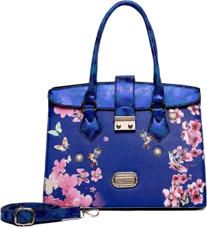 Royal Blossom Designer Satchel - Luxurious Leather Handbag with Pearl & Crystal Accents and Floral Embellishment