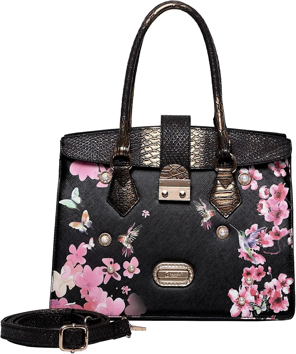 Royal Blossom Designer Satchel - Luxurious Leather Handbag with Pearl & Crystal Accents and Floral Embellishment