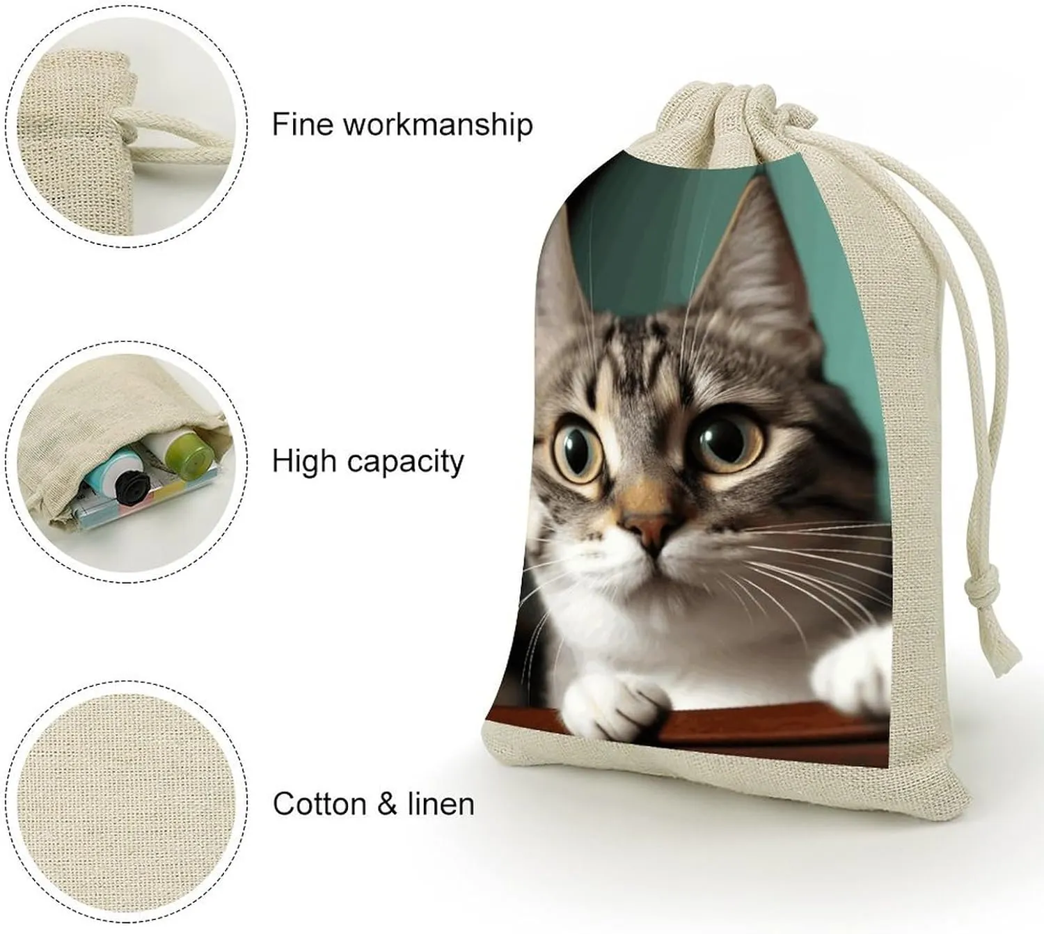 RTFGHJS 8 Pieces Drawstring Bags A Curious Cat Burlap Pouch Bag Linen Gift Pocket Jewelry Pouch for DIY Craft Party