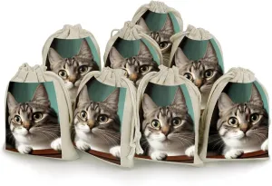 RTFGHJS 8 Pieces Drawstring Bags A Curious Cat Burlap Pouch Bag Linen Gift Pocket Jewelry Pouch for DIY Craft Party