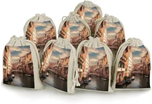 RTFGHJS 8 Pieces Drawstring Bags Beautiful Venice Canal View Burlap Pouch Bag Linen Gift Pocket Jewelry Pouch for DIY Craft Party