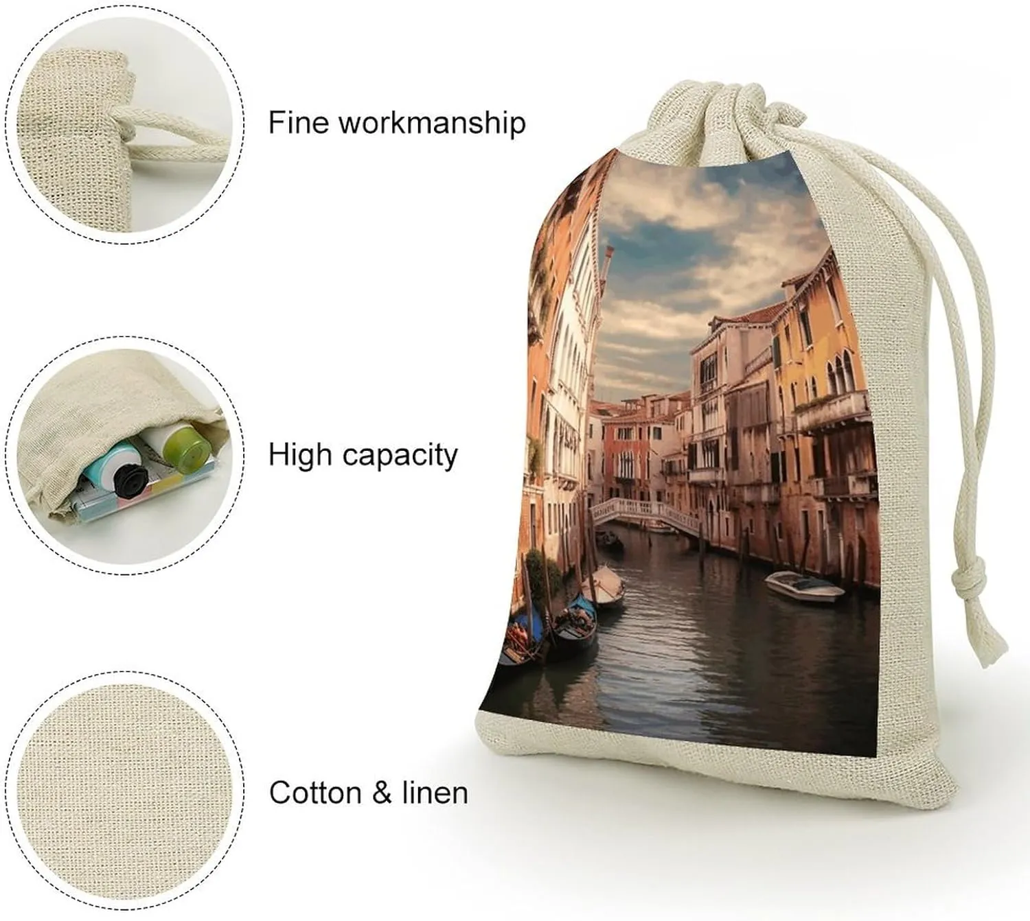RTFGHJS 8 Pieces Drawstring Bags Beautiful Venice Canal View Burlap Pouch Bag Linen Gift Pocket Jewelry Pouch for DIY Craft Party