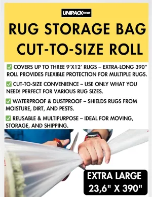 Rug Storage Bag – Extra-Long 390” Roll, Cut-to-Use Convenience – Waterproof & Tear-Resistant Plastic Rug Cover – Fits Multiple Rugs (Up to 9x12) – Durable Moving & Storage Solution