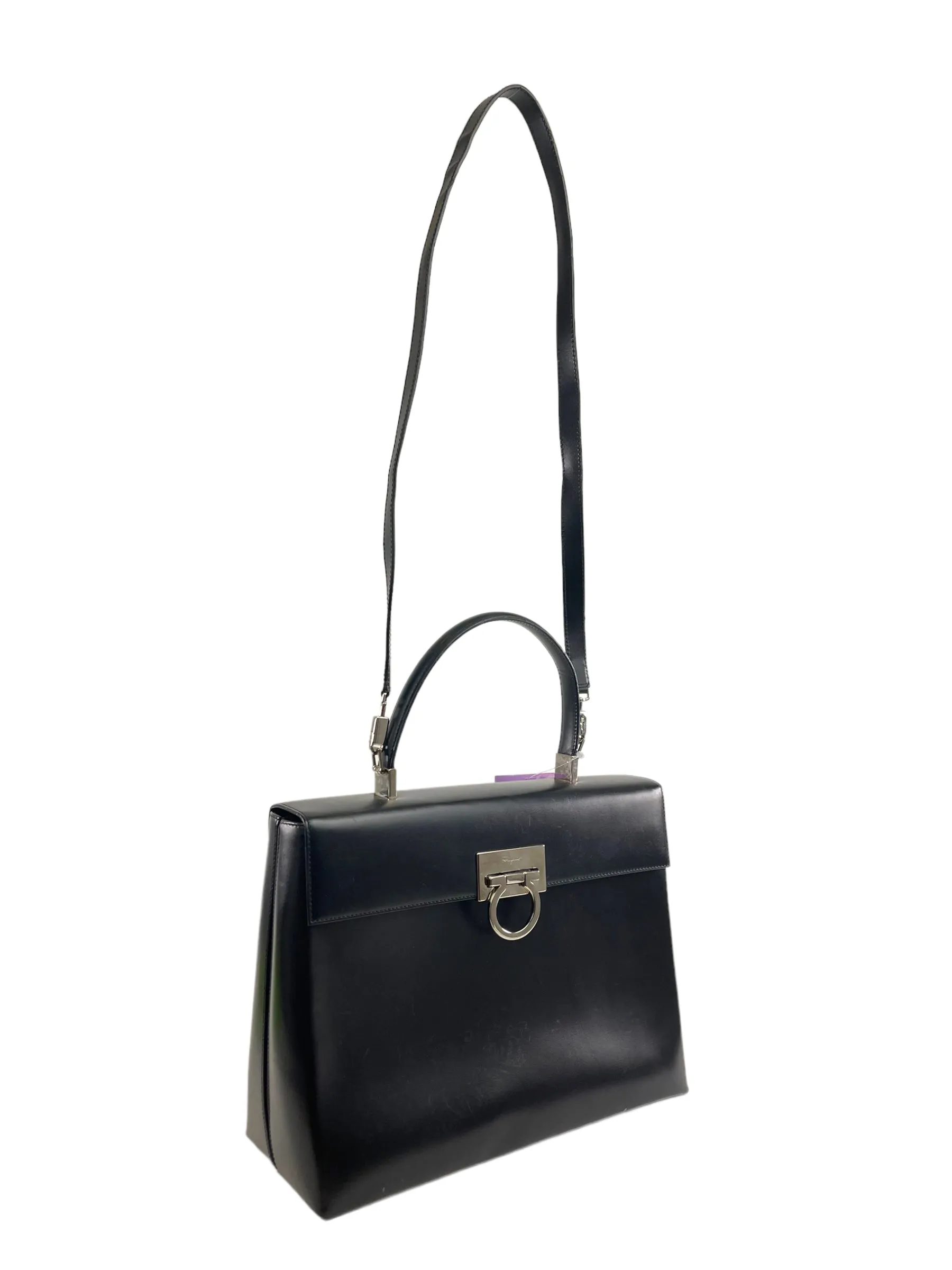 Salvatore Ferragamo Black Structured Leather Satchel
