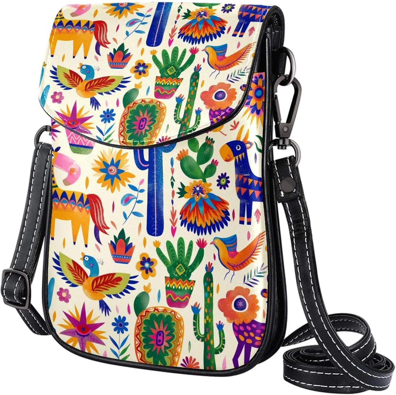 Satchel Bag Colorful Mexican Cacti Folk Patterns Purse Crossbody Leather Messenger Bag For Women