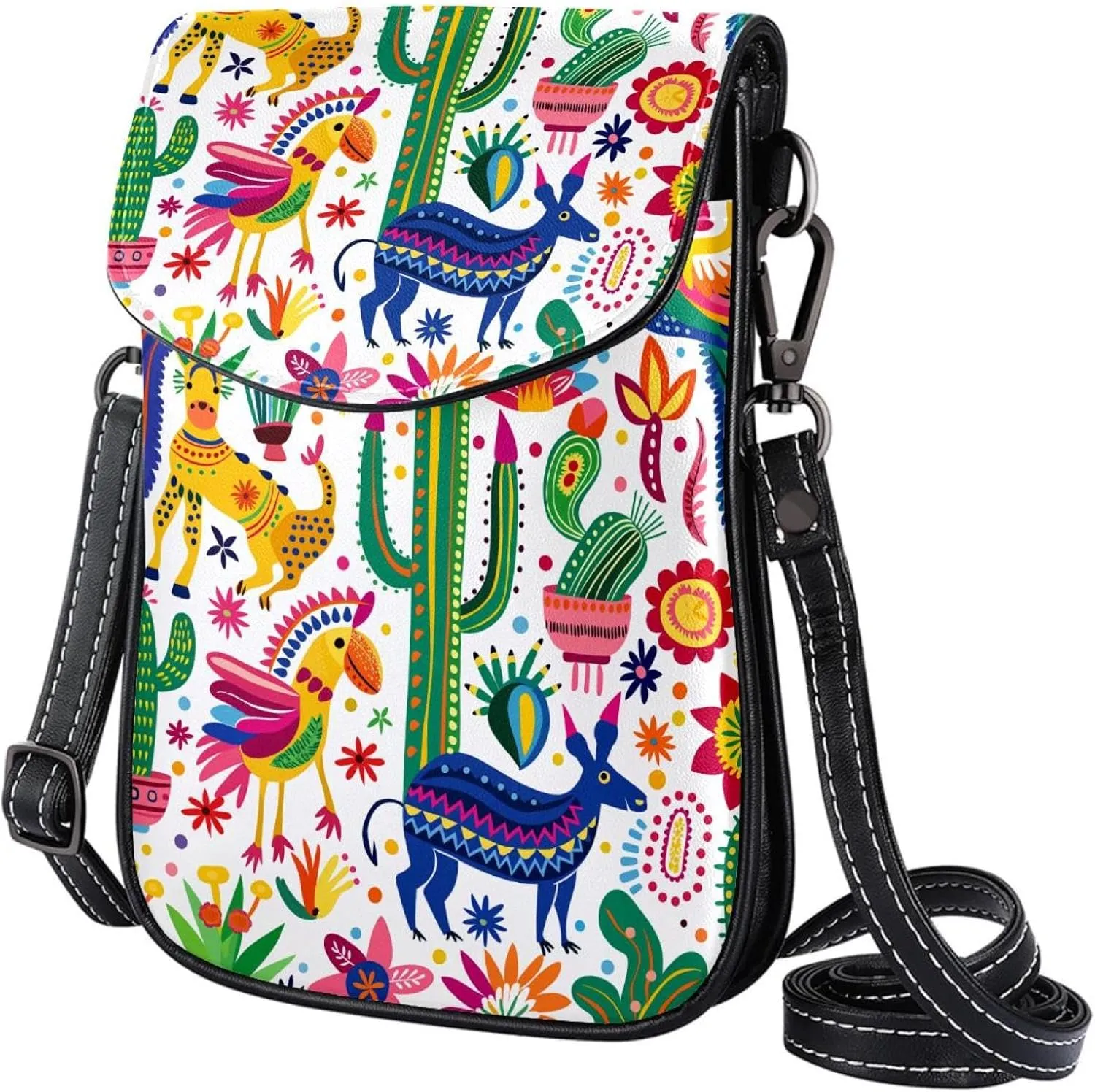Satchel Bag Colorful Mexican Cacti Folk Patterns Purse Crossbody Leather Messenger Bag For Women
