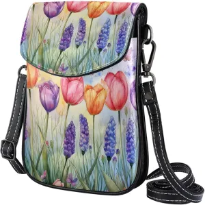 Satchel Bag Colorful Tulips And Lavender Flowers Butterflies Purse Crossbody Leather Messenger Bag For Women