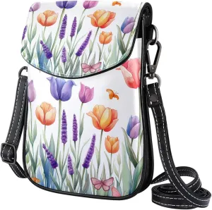 Satchel Bag Colorful Tulips And Lavender Flowers Butterflies Purse Crossbody Leather Messenger Bag For Women