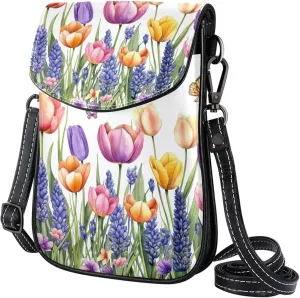 Satchel Bag Colorful Tulips And Lavender Flowers Butterflies Purse Crossbody Leather Messenger Bag For Women