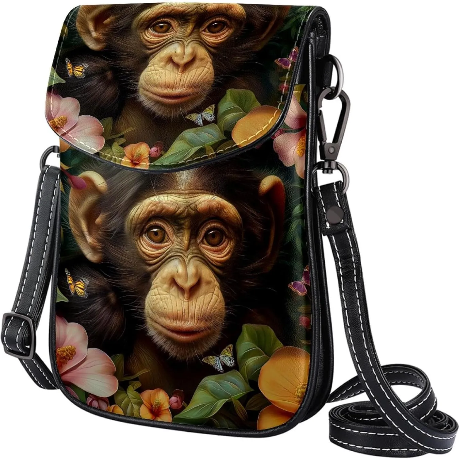 Satchel Bag Monkey Flowers Butterfly Purse Crossbody Leather Messenger Bag For Women